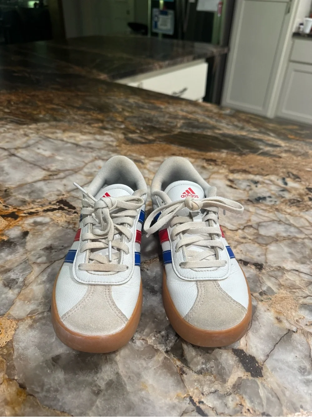 adidas Kids White Sneakers with Blue and Red Stripes and Gum Sole